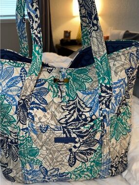Vera Bradley Quilted Floral Tote in Teal, Navy & Gray